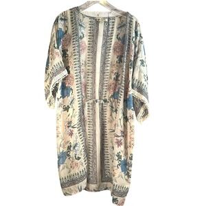 Unity World Wear Kimono Cardigan XL Floral Boho Cottagecore Crochet Semi Sheer